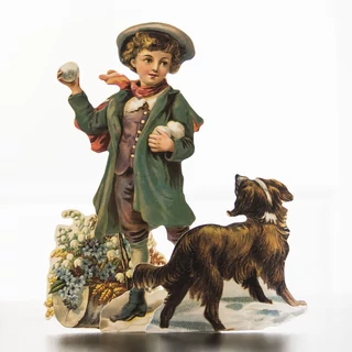 Hógolyózó fiú kutyával  üdvözlőlap