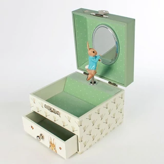 Péter, a Nyúl    fiókos, zenélő ékszerdoboz , szitakötős grafikával Péter, a Nyúl    fiókos, zenélő ékszerdoboz , szitakötős grafikával