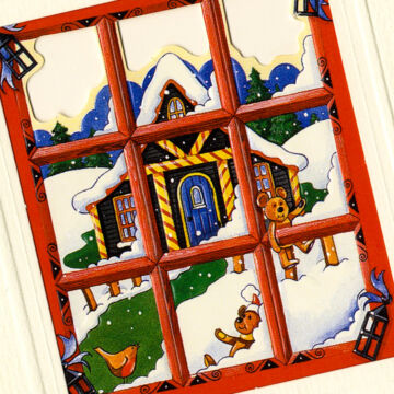 Karácsonyi táj az ablakból  képeslap borítékkal
