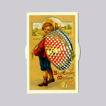 Fiú tojáshátizsákkal  változó Húsvéti képeslap